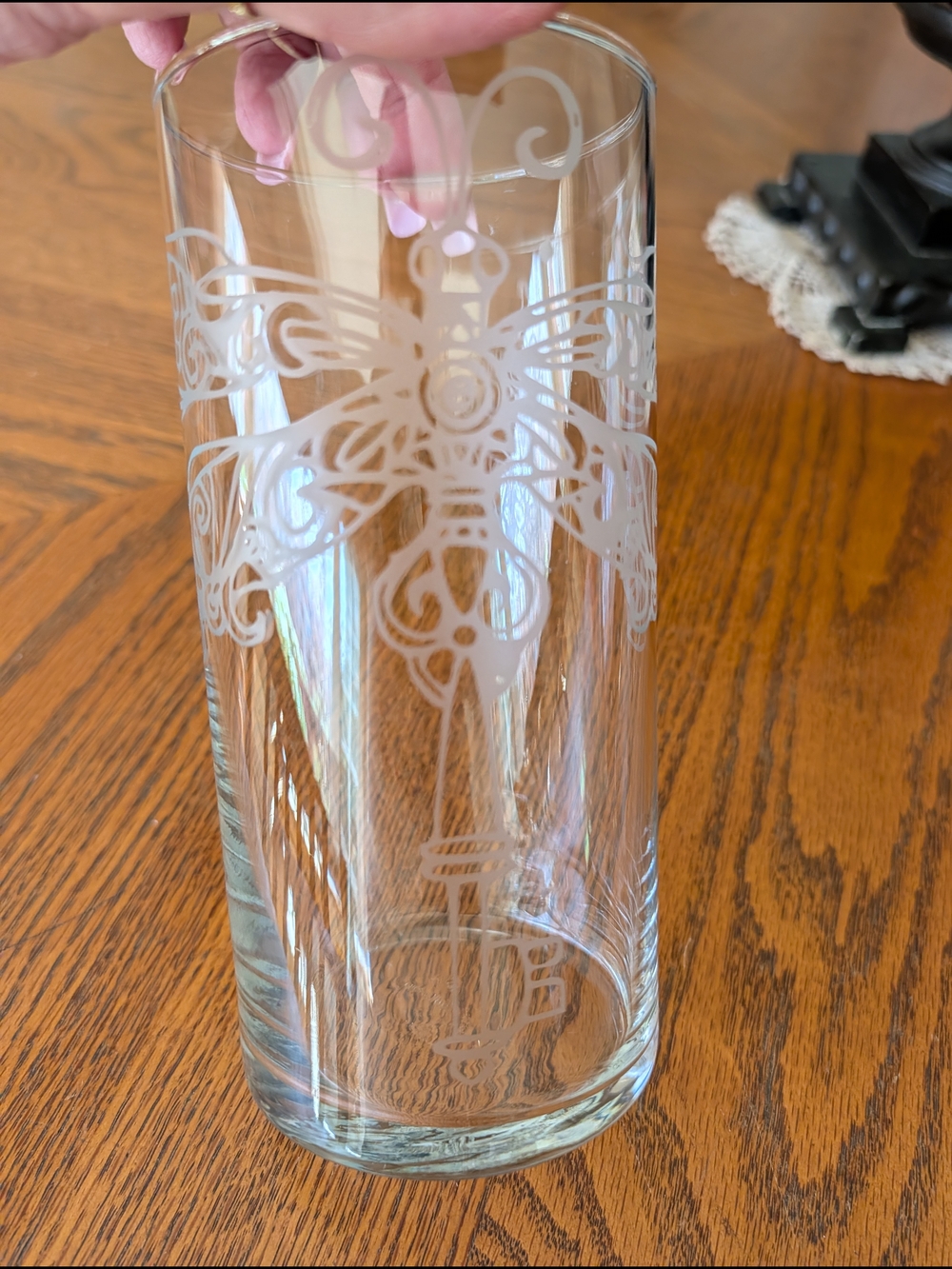 (New) Etched Dragonfly Tall Glass Vase - Clear Glass